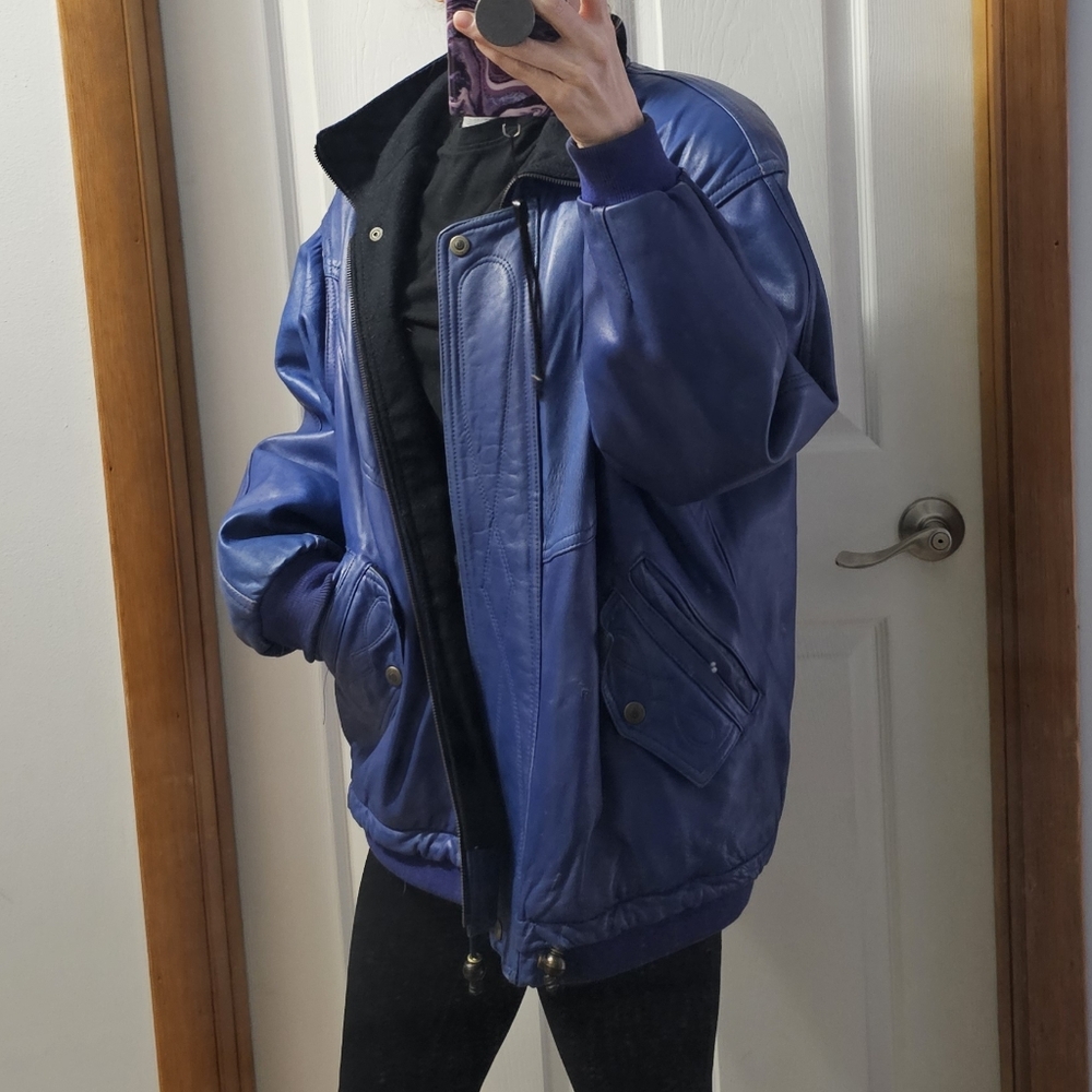 Vintage La Nouvelle Renaissance Playful Oversized Blue Leather Jacket  Large - Picture 4 of 14